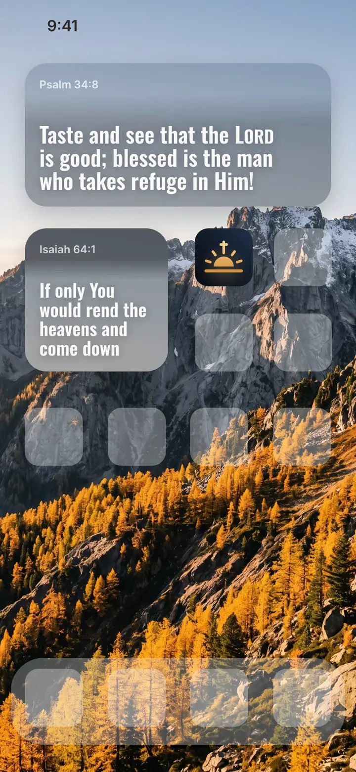Mountains: an iPhone Home Screen with Psalm 34:8 beside the app icons