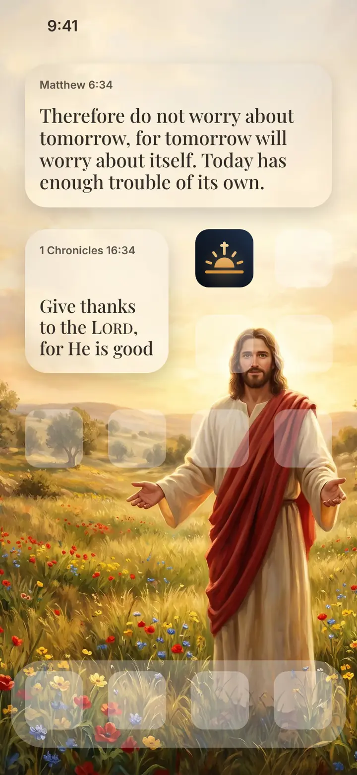 The Life of Jesus: an iPhone Home Screen with Matthew 6:34 beside the app icons