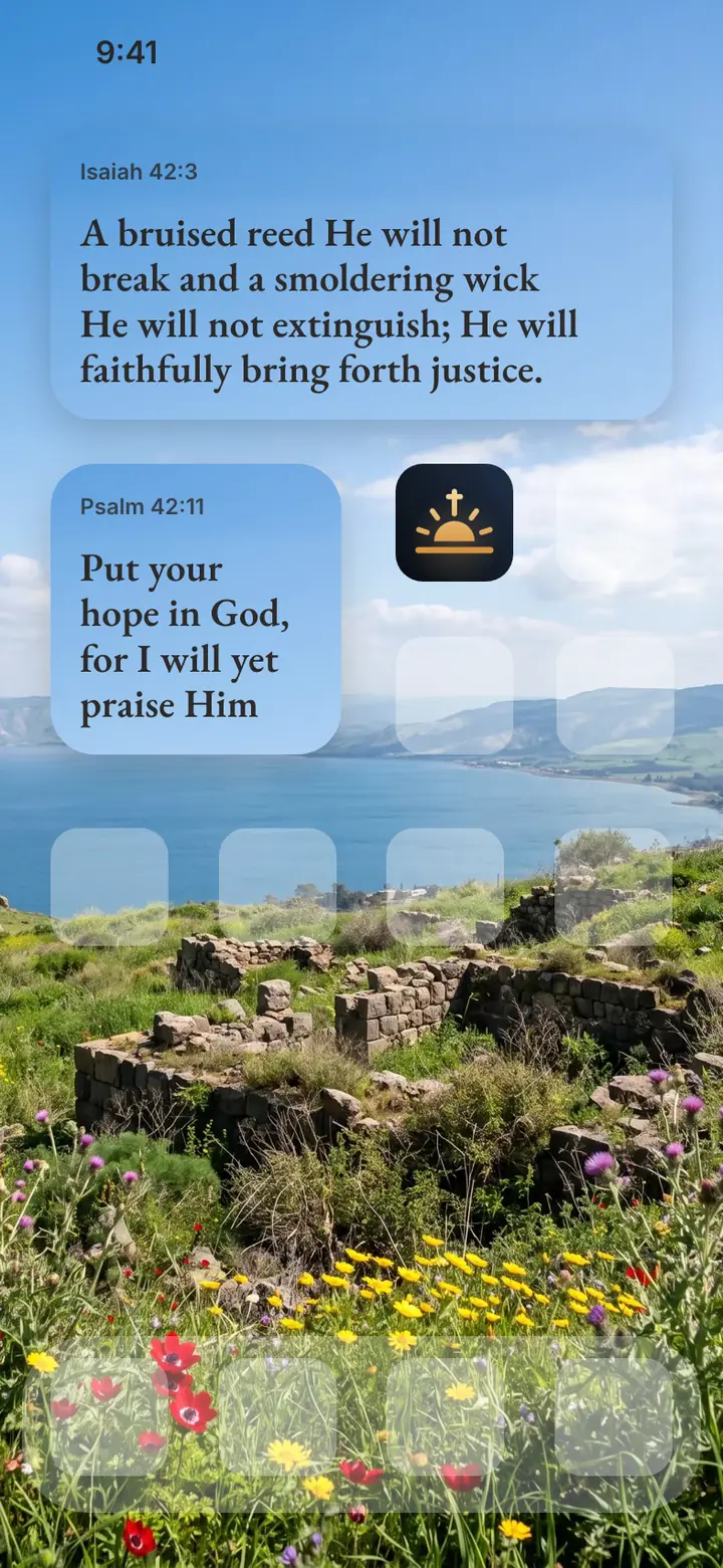Holy Land: an iPhone Home Screen with Isaiah 42:3 beside the app icons
