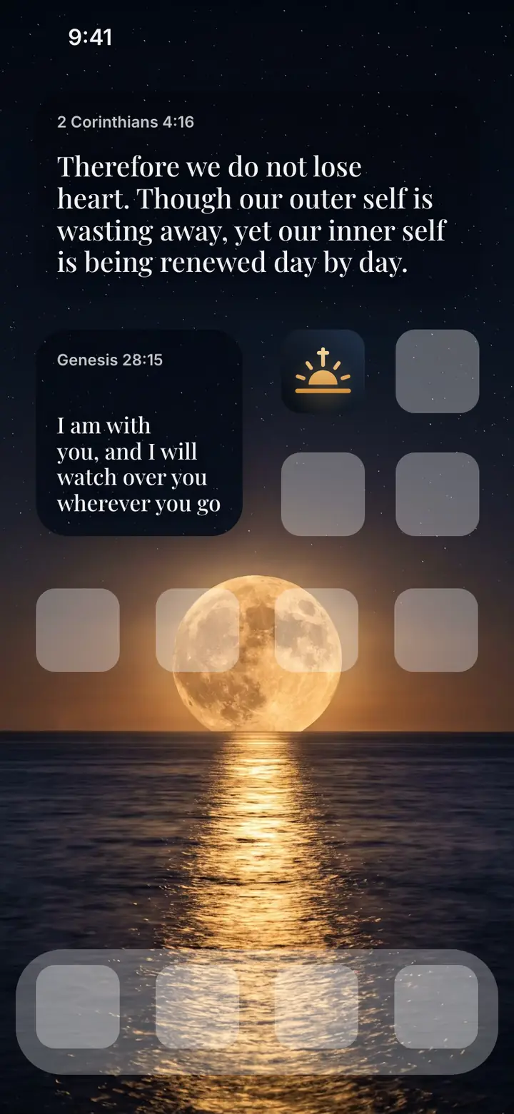 Night Sky: an iPhone Home Screen with 2 Corinthians 4:16 beside the app icons