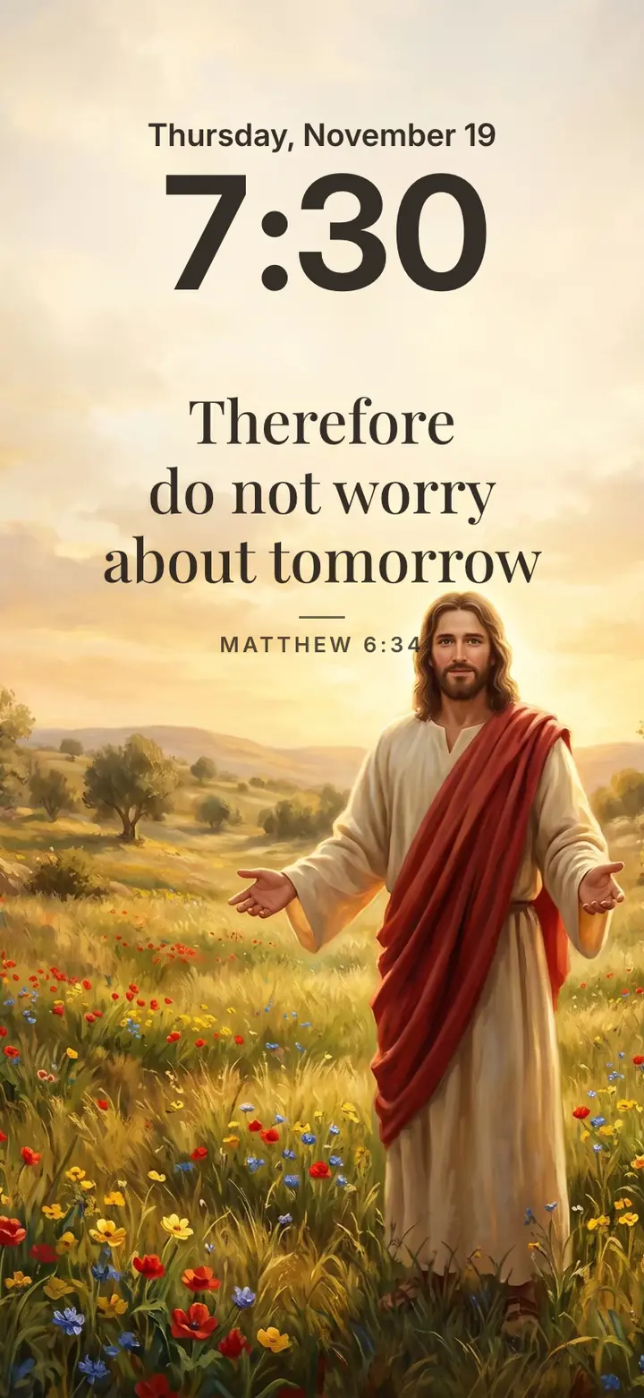The Life of Jesus: an iPhone Lock Screen with Matthew 6:34 under the clock